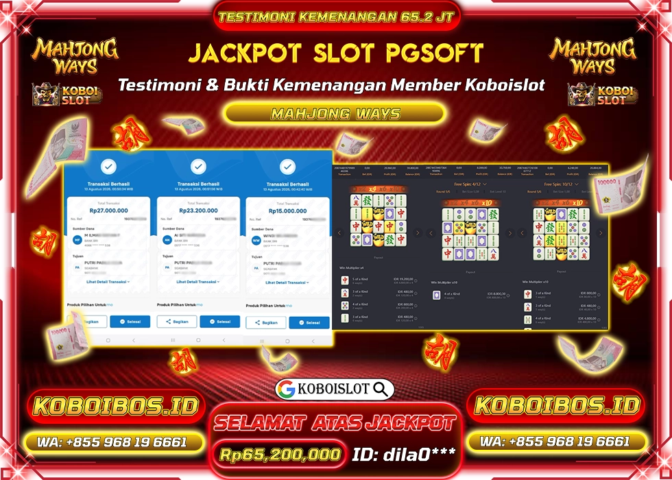 BUKTI KEMENANGAN Id dila0*** SLOT GACOR MAHJONG WAYS 1 Rp65.200.000,- LUNAS